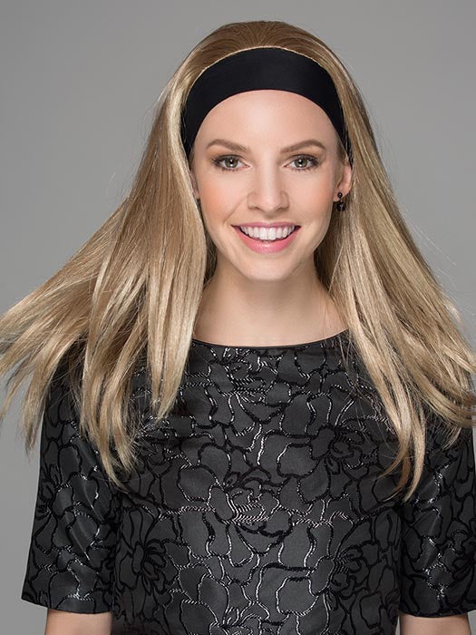 Colada is long hairfall with a black ultra-soft stretch headband